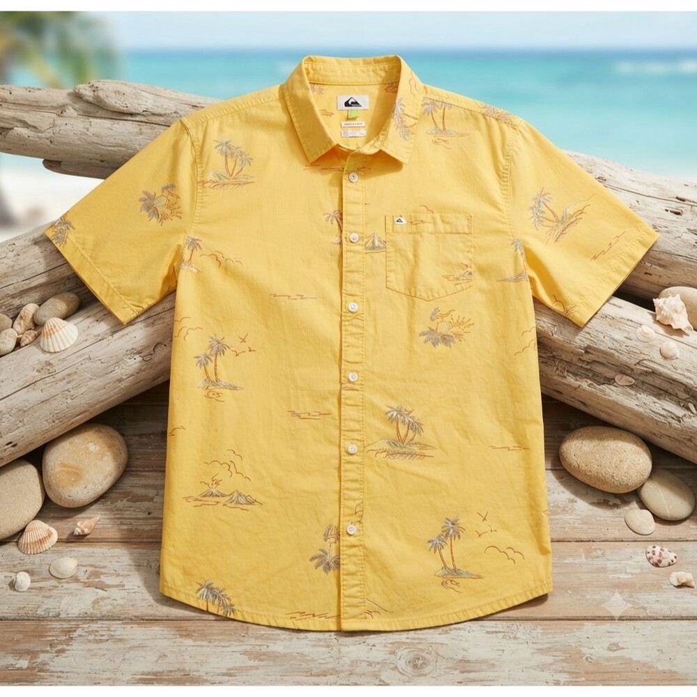 Quiksilver Men’s Regular Fit Button Up Shirt Small Organic Cotton Yellow Tropica